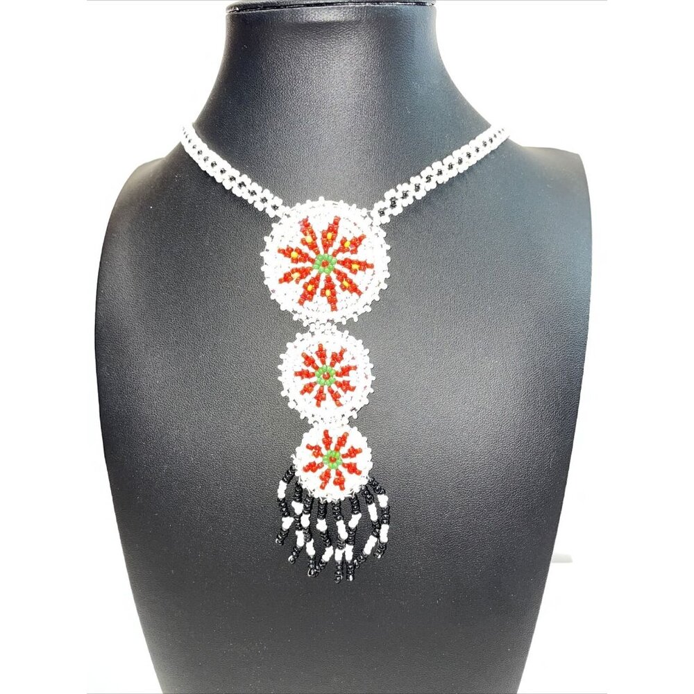 Vintage Native Triple Medallion Seed Bead Necklace White‎ Red Leather Back A21